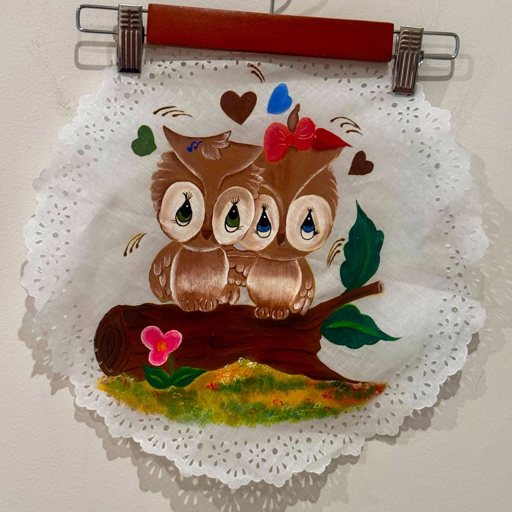 Vintage‎ Hand Painted cute Owl Couple Doily ready frame/ display artist signed